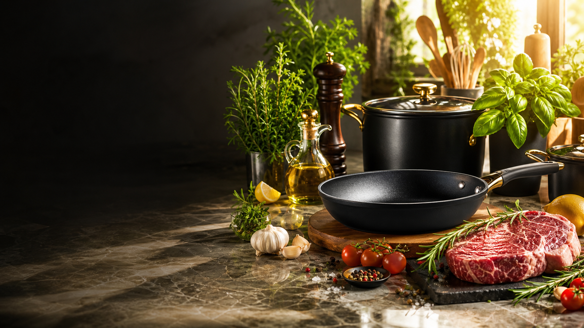 Bright premium kitchen scene with cookware