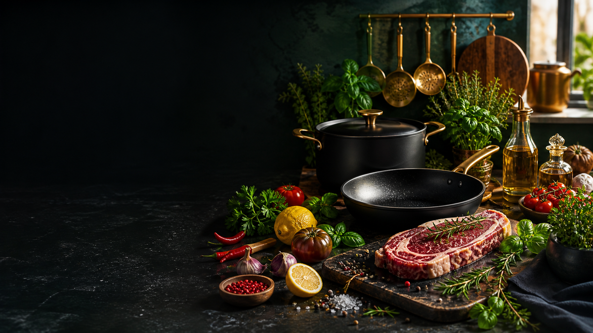 High contrast premium kitchen scene with cookware