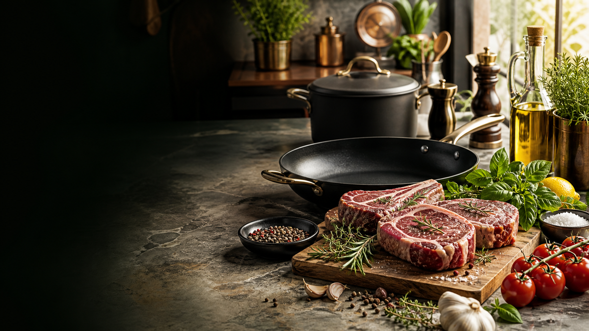 Premium kitchen scene with cookware and fresh ingredients